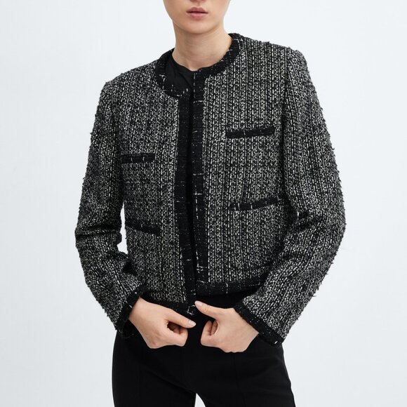 MANGO Sparkle Bead Trim Tweed Career Jacket Blazer PLUS SIZE 3X 4X Blk NEW $150 - Picture 2 of 13